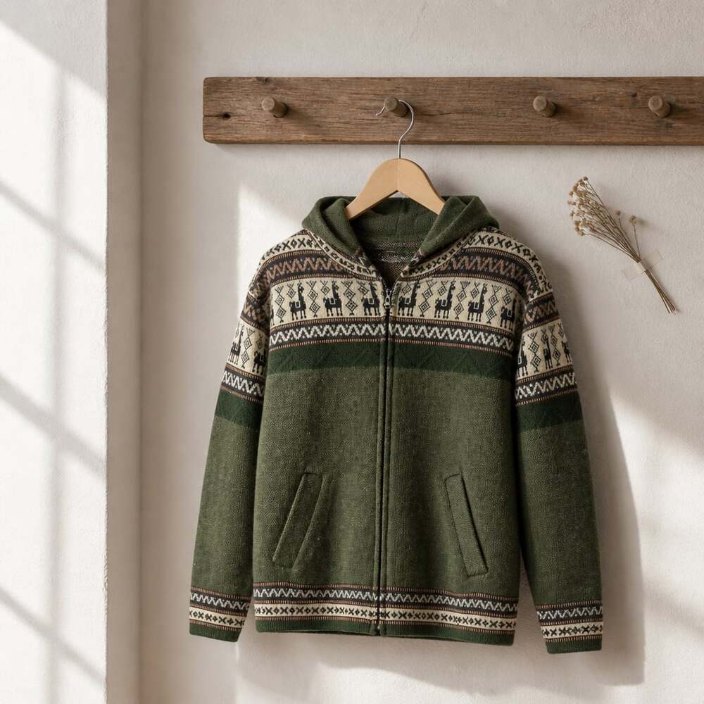 Andino Artesanias Handmade Alpaca Wool Zip-Up Hooded Jacket with Llama Pattern